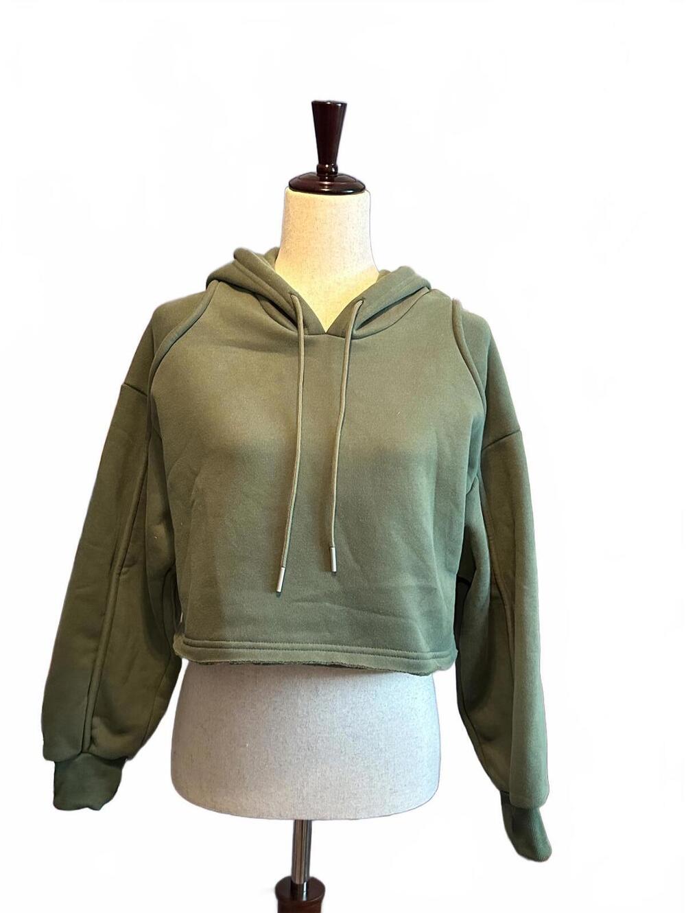 Papermoon Olive Green Cropped Fleece Hoodie Sweatshirt
